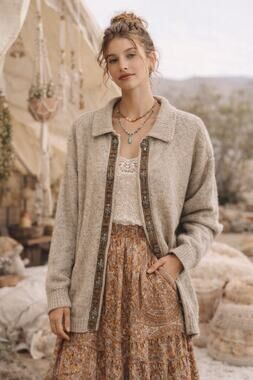 Vintage 90s Winona Womens Wool Cardigan Sweater Oatmeal Knit Metal Buttons Sz L
